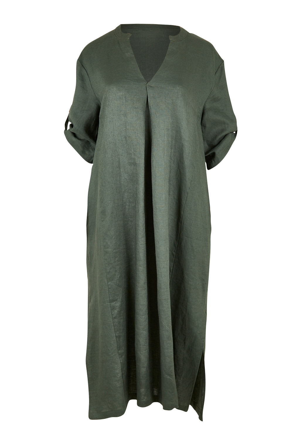 Product shot of the Linen Summer Relaxed Dress in colour Green (Green), from the front