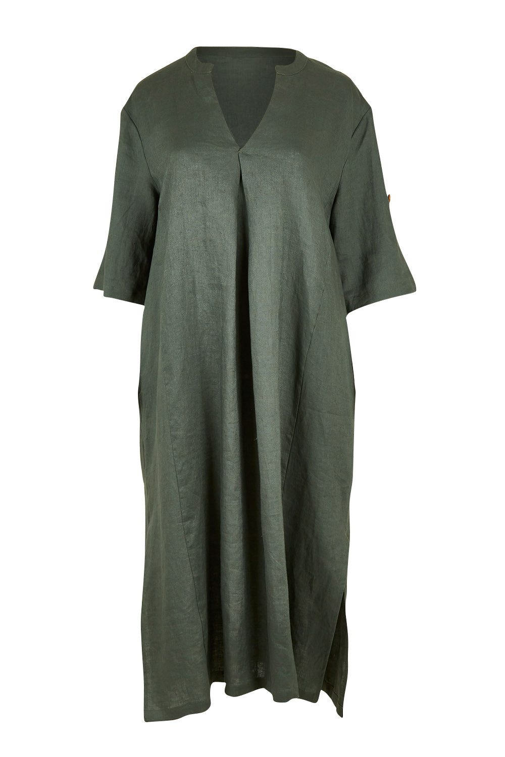 Product shot of the Linen Summer Relaxed Dress in colour Green (Green), from the front