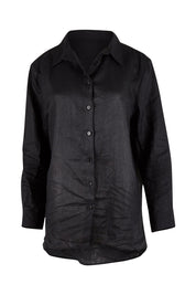 Product shot of the Linen Oversized Boyfriend Shirt in colour Black (Black), from the front