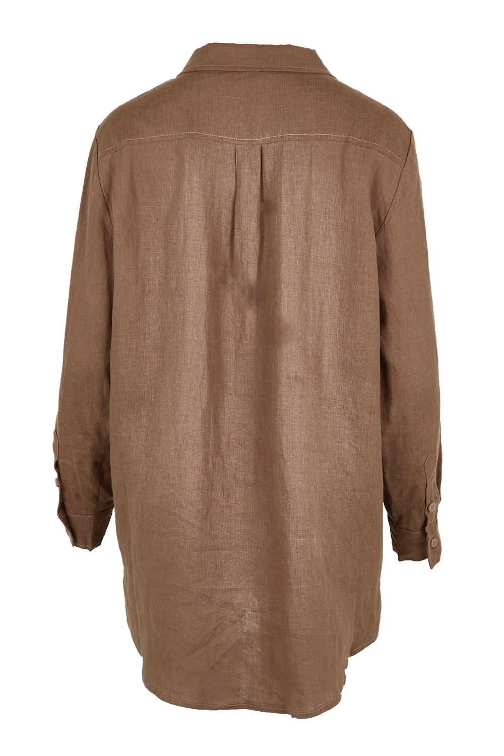 Product shot of the Linen Oversized Boyfriend Shirt – Coffee in colour Coffee, from the back