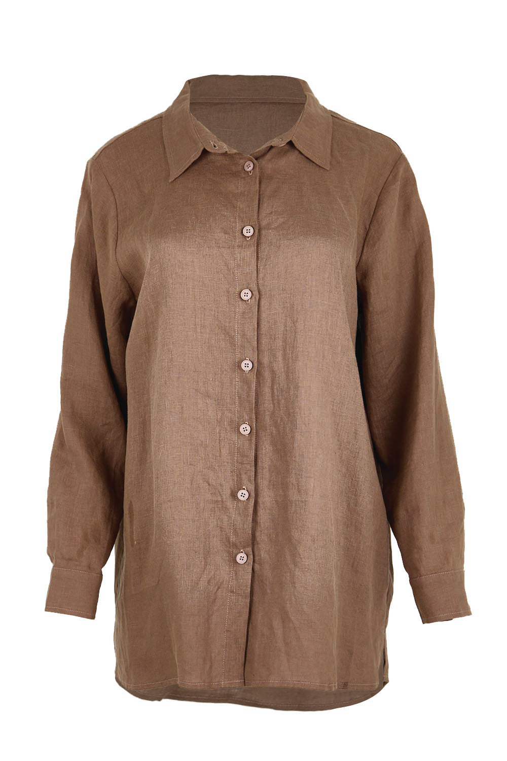 Product shot of the Linen Oversized Boyfriend Shirt – Coffee in colour Coffee, from the front
