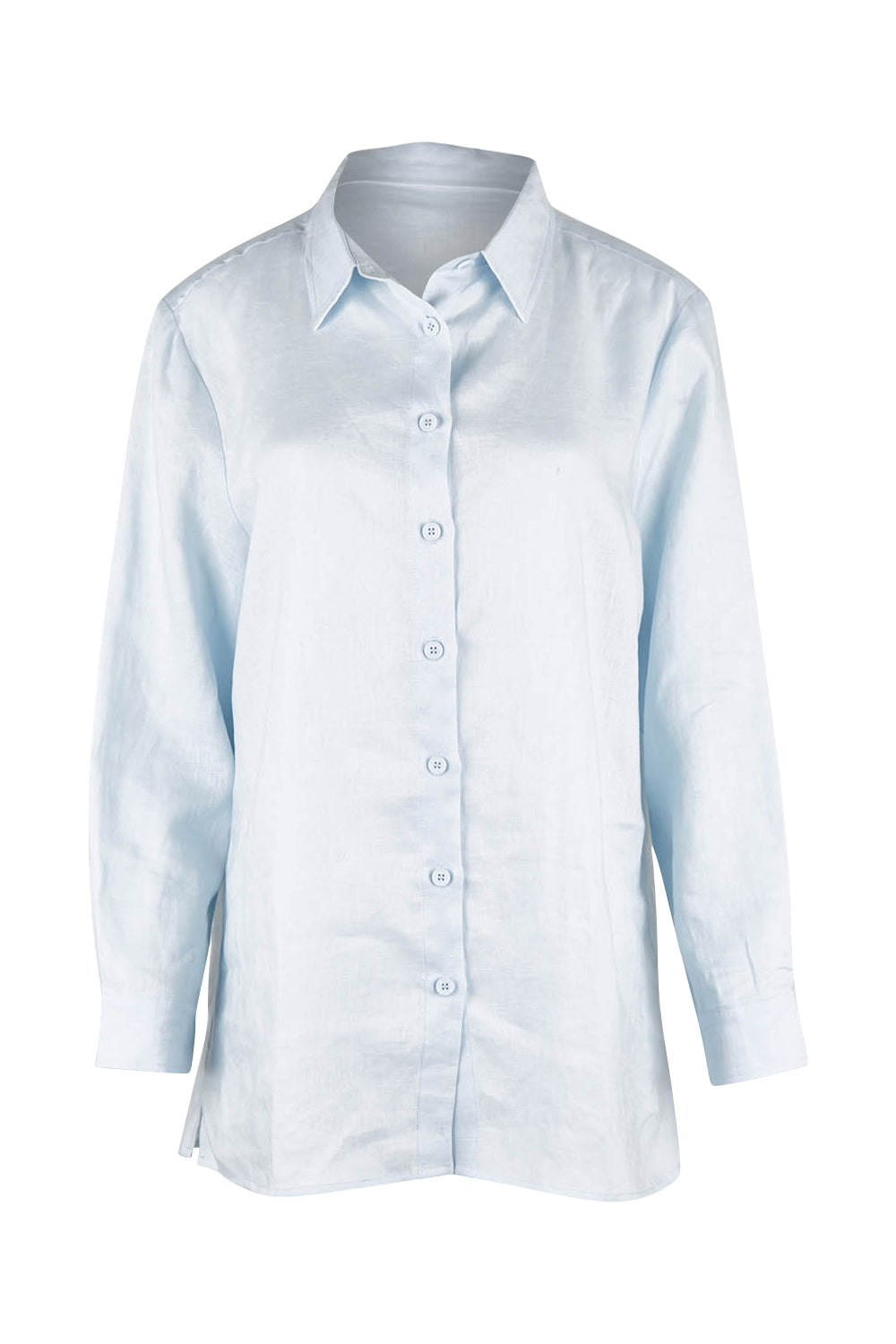 Product shot of the Linen Oversized Boyfriend Shirt in colour Lightblue (Blue), from the front
