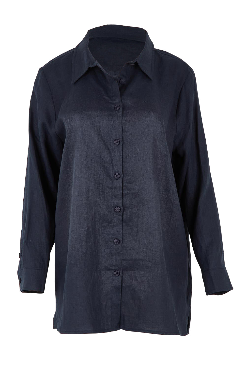 Product shot of the Linen Oversized Boyfriend Shirt in colour Navy (Blue), from the front