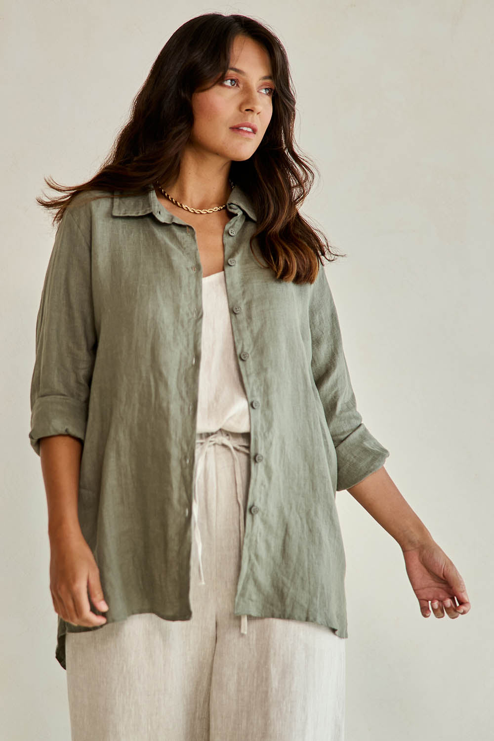 Linen Oversized Boyfriend Shirt - Olive
