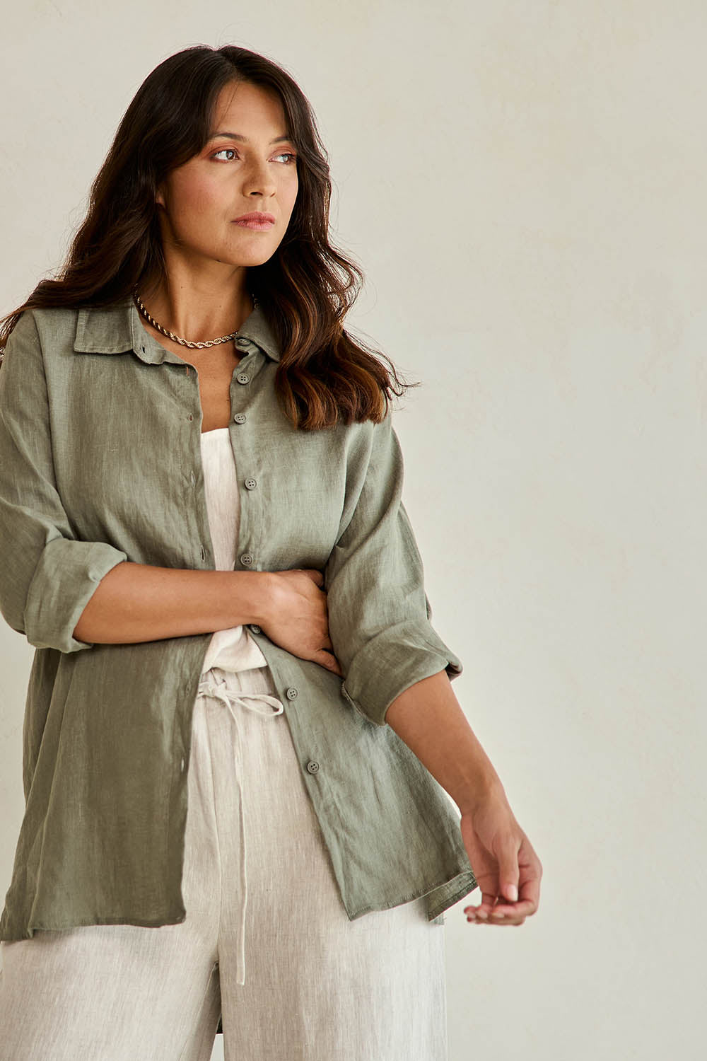 Linen Oversized Boyfriend Shirt - Olive