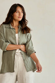 Linen Oversized Boyfriend Shirt - Olive