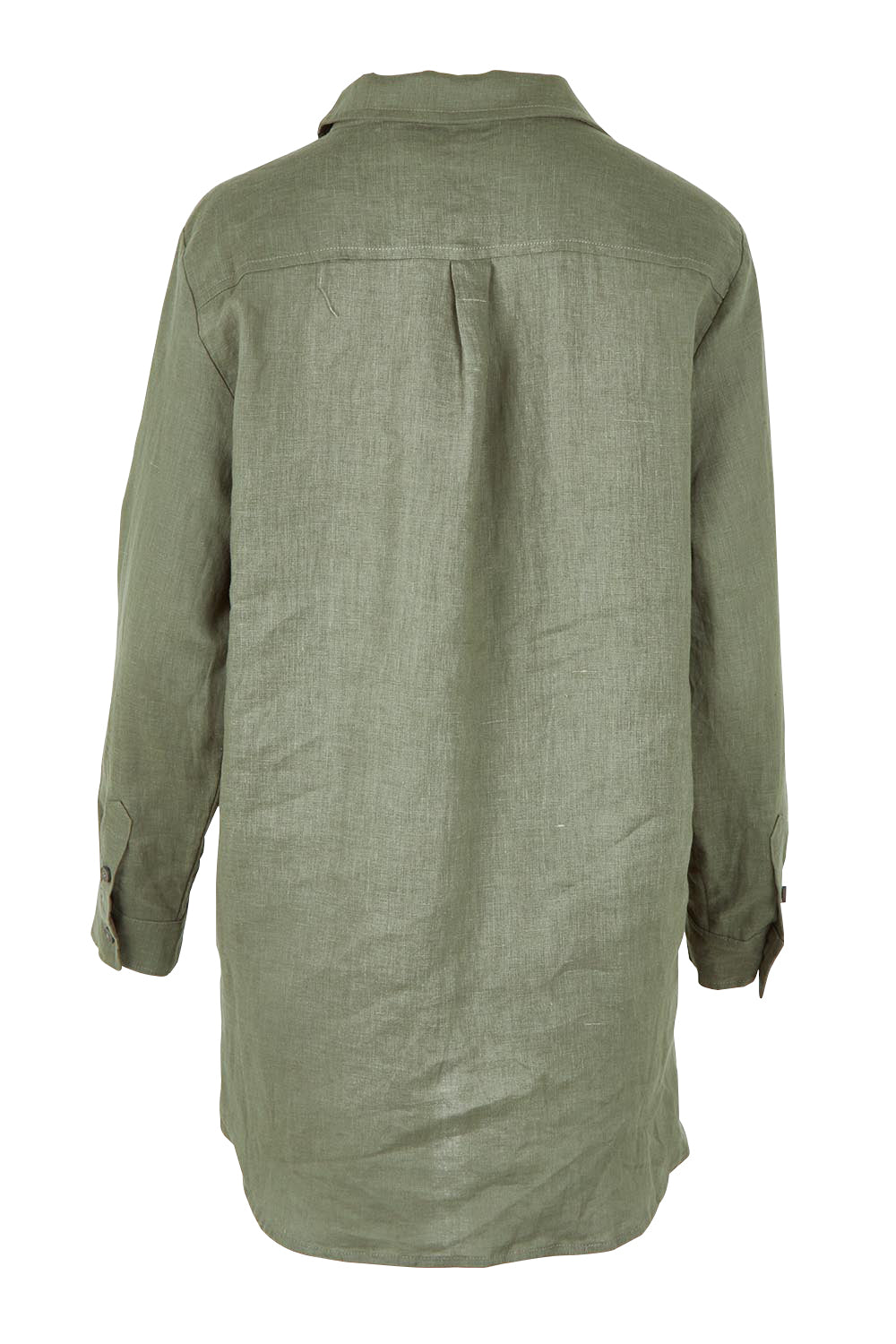 Product shot of the Linen Oversized Boyfriend Shirt in colour Olive (Green), from the back