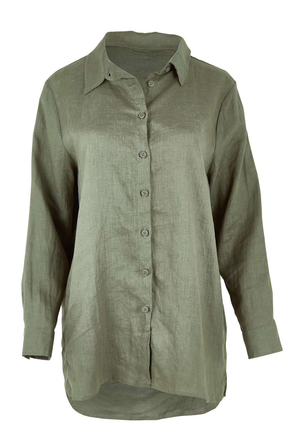Product shot of the Linen Oversized Boyfriend Shirt in colour Olive (Green), from the front