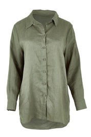 Product shot of the Linen Oversized Boyfriend Shirt in colour Olive (Green), from the front
