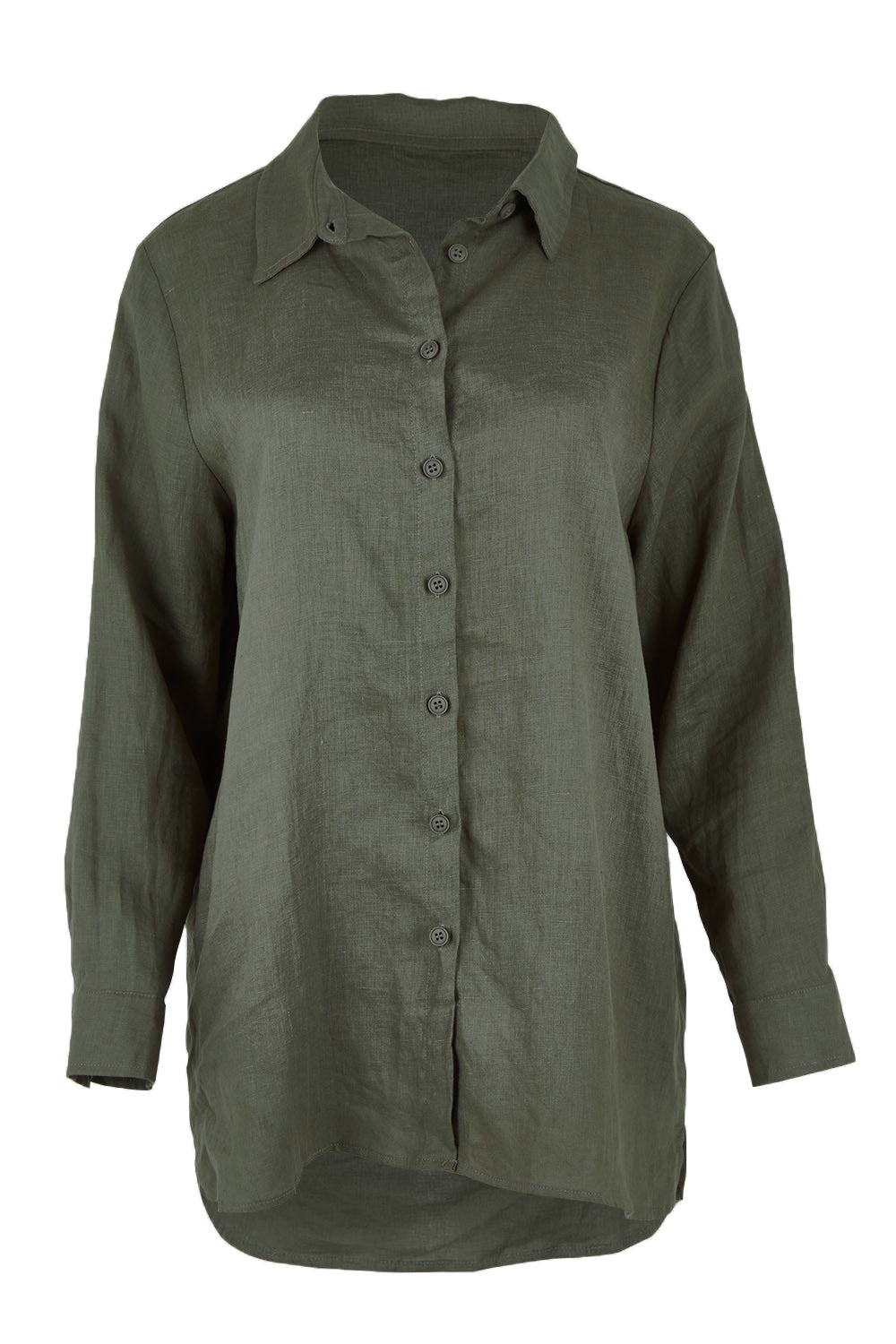 Product shot of the Linen Oversized Boyfriend Shirt - Olive in colour Olive, from the front