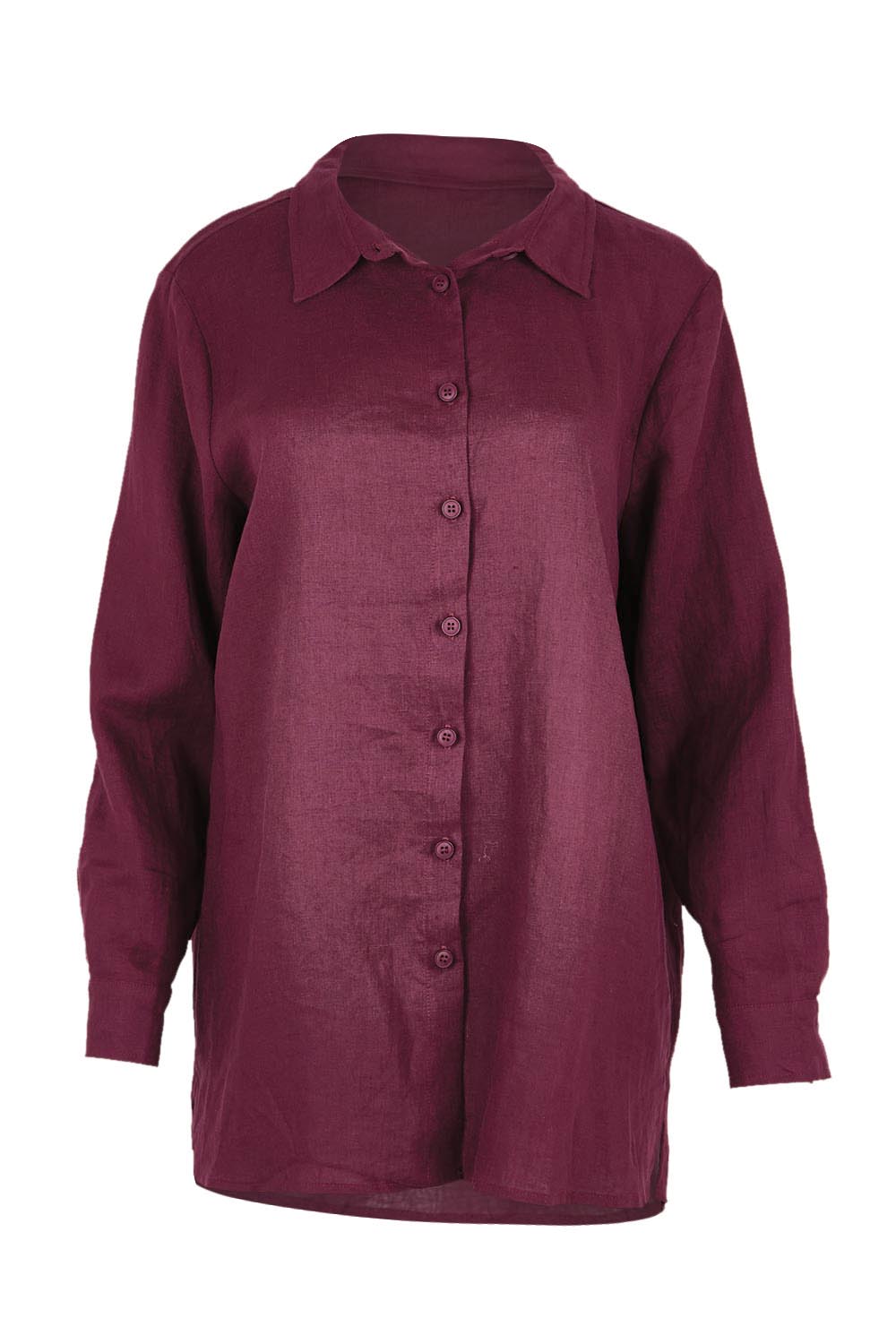 Product shot of the Linen Oversized Boyfriend Shirt – Plum in colour Plum, from the front