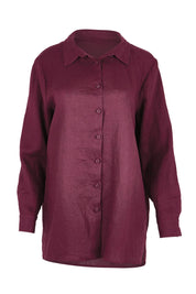 Product shot of the Linen Oversized Boyfriend Shirt – Plum in colour Plum, from the front
