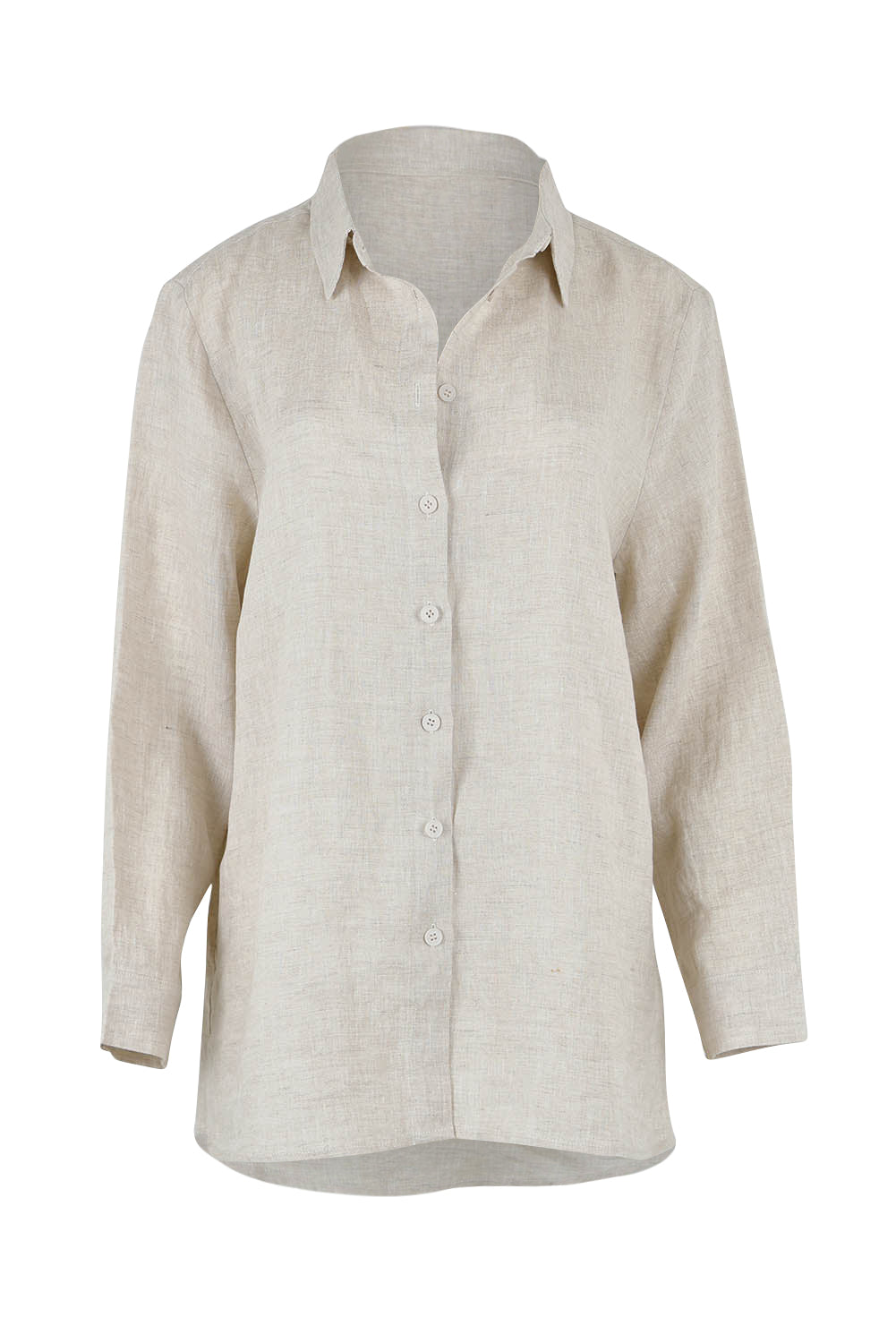 Product shot of the Linen Oversized Boyfriend Shirt in colour Sand, from the front