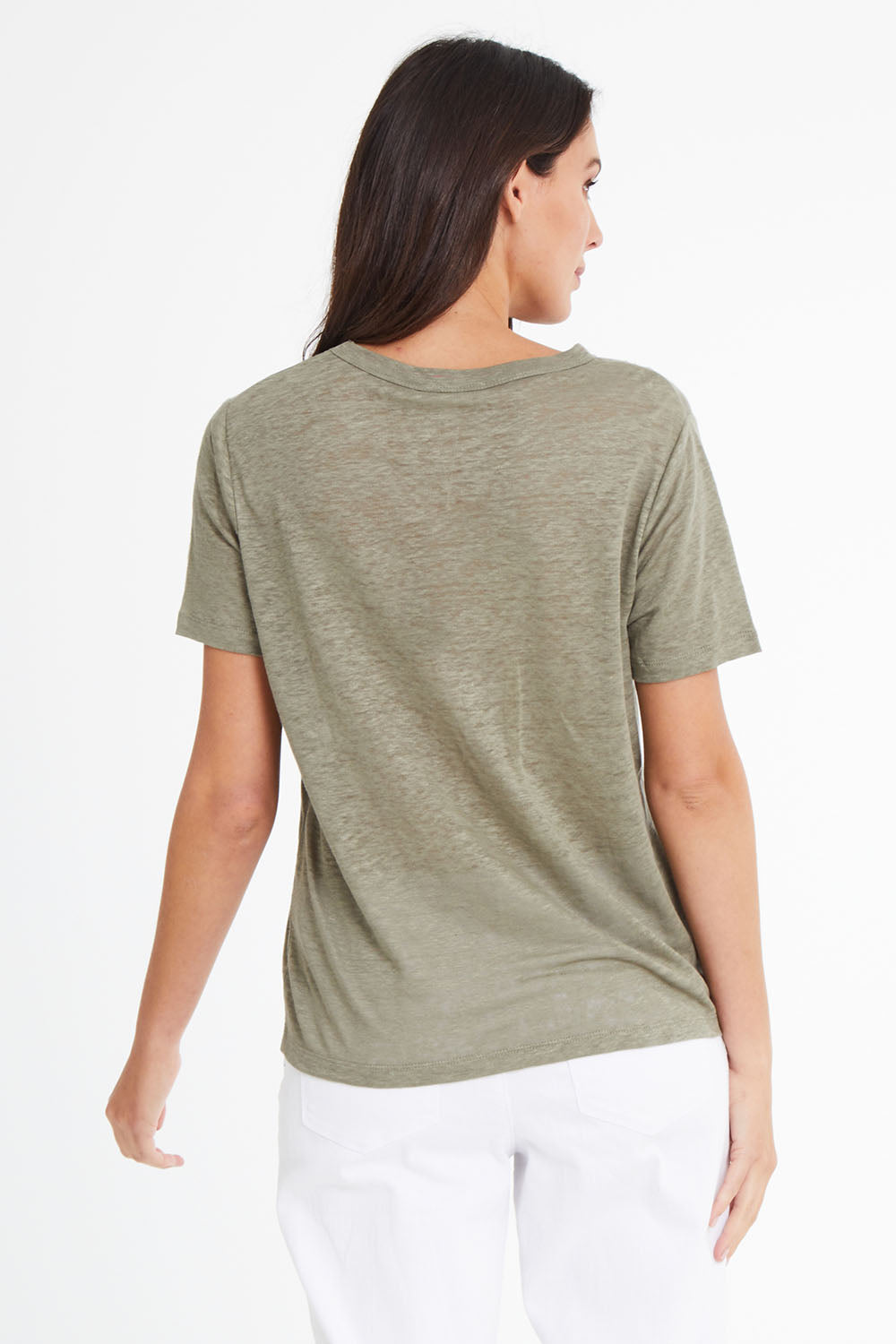 Model Madeline wearing size 10 of the Linen Scoop Neck Top in colour Green (Green), from the back
