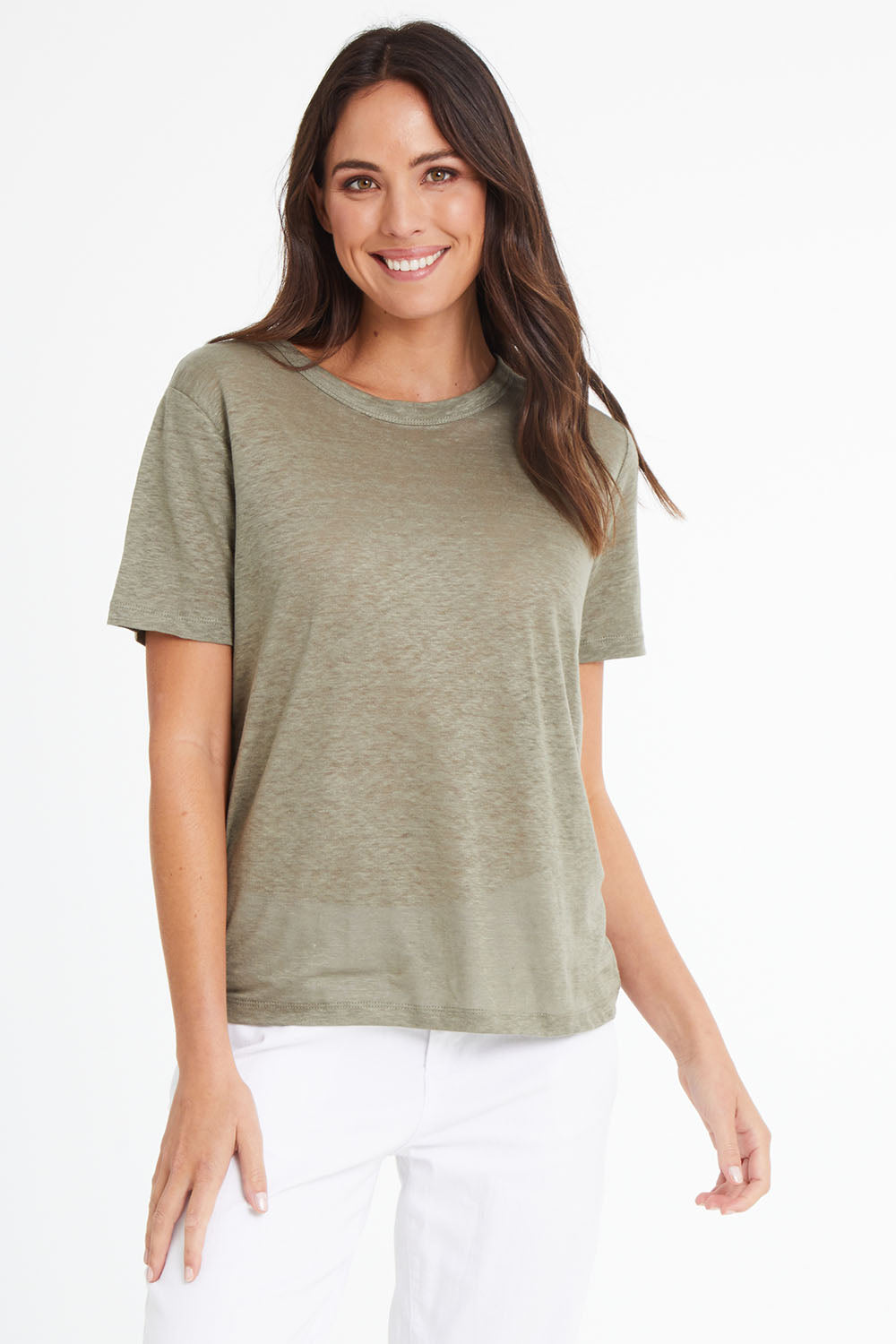 Model Madeline wearing size 10 of the Linen Scoop Neck Top in colour Green (Green), from the front, cropped image
