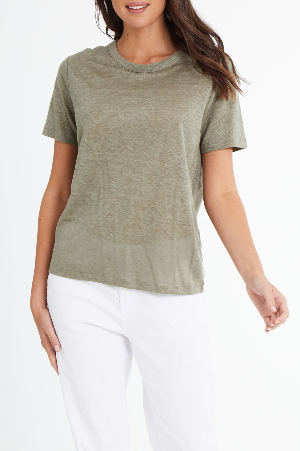 Model Madeline wearing size 10 of the Linen Scoop Neck Top in colour Green (Green), from the front, cropped image