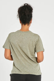 Model Noli wearing size 14 of the Linen Scoop Neck Top in colour Green (Green), from the back