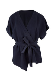 Product shot of the Linen Cotton Wrap Blouse in colour Navy (Blue), from the front