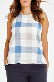 Model Laura wearing size 14 of the Linen Cotton Tank in colour Bluecheck (Blue), from the front, cropped image