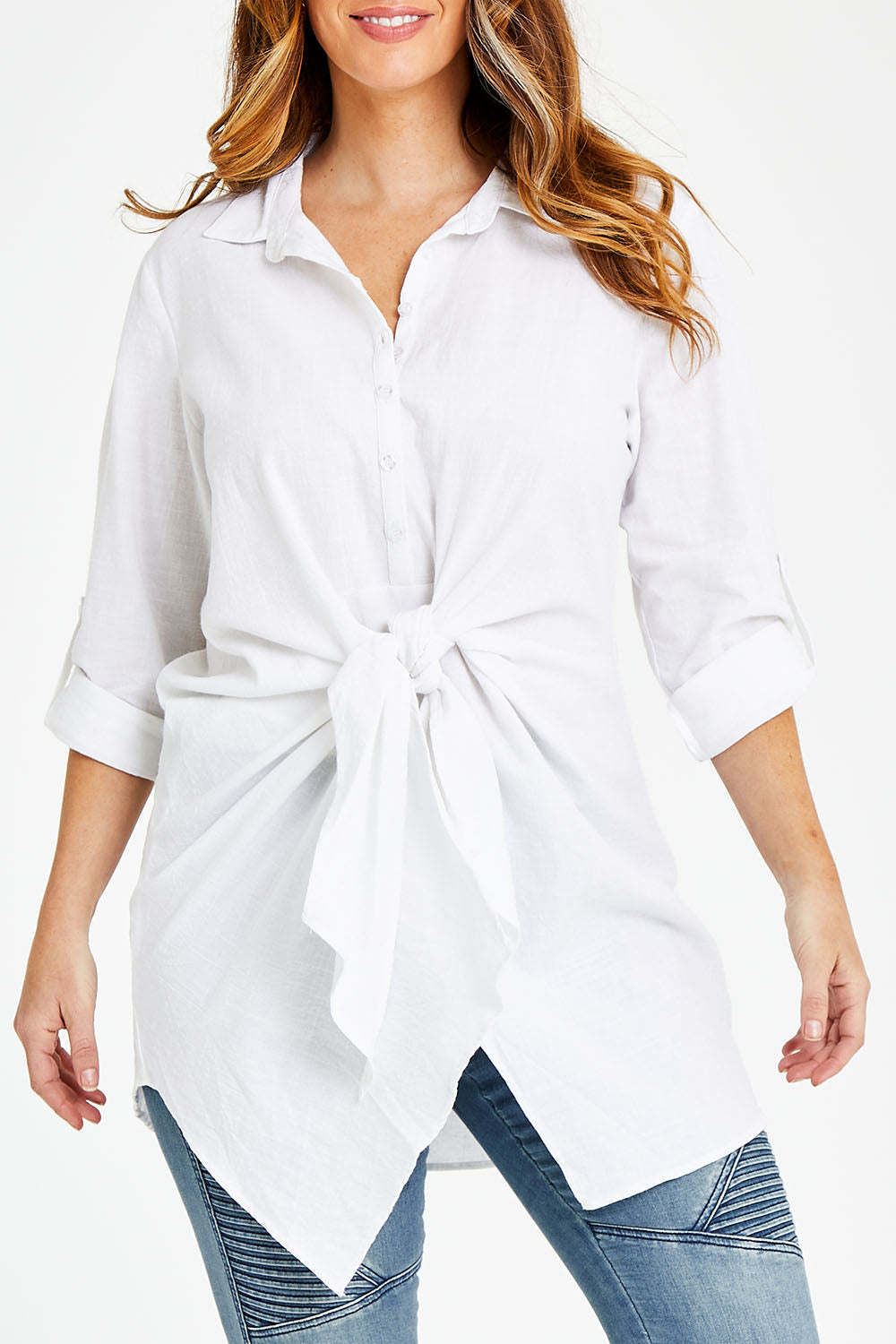 Model Laura wearing size 14 of the Cotton Front Tie Tunic in colour White (White), from the front, cropped image