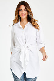 Model Laura wearing size 14 of the Cotton Front Tie Tunic in colour White (White), from the front, cropped image