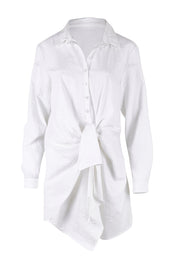 Product shot of the Cotton Front Tie Tunic in colour White (White), detail