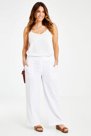 Model Laura wearing size 14 of the Cotton Wide Leg Pant in colour White (White), from the front, showing the whole outfit