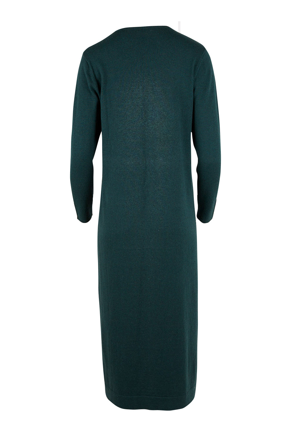 Product shot of the Cotton Cashmere Wool V Neck Knit Dress in colour Green (Green), from the back