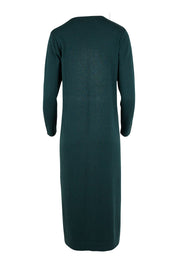 Product shot of the Cotton Cashmere Wool V Neck Knit Dress in colour Green (Green), from the back