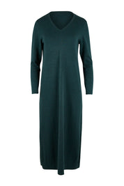 Product shot of the Cotton Cashmere Wool V Neck Knit Dress in colour Green (Green), from the front