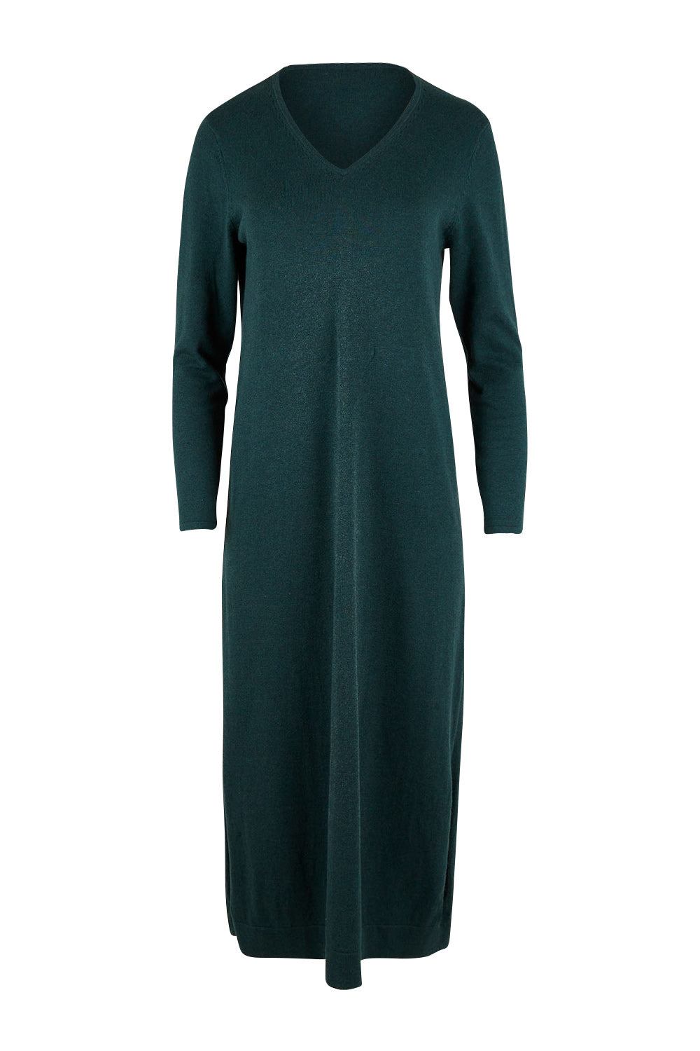 Product shot of the Cotton Cashmere Wool V Neck Knit Dress in colour Green (Green), from the front