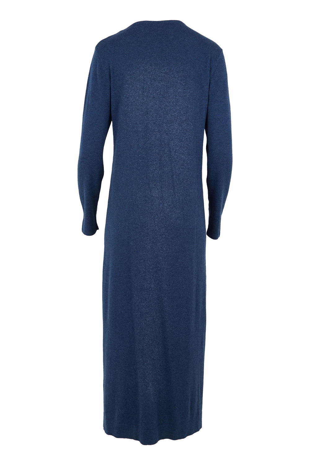 Product shot of the Cotton Cashmere Wool V Neck Knit Dress in colour Marlin (Blue), from the back