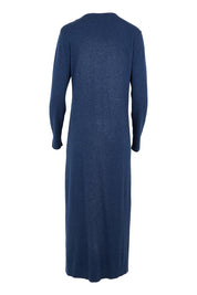 Product shot of the Cotton Cashmere Wool V Neck Knit Dress in colour Marlin (Blue), from the back