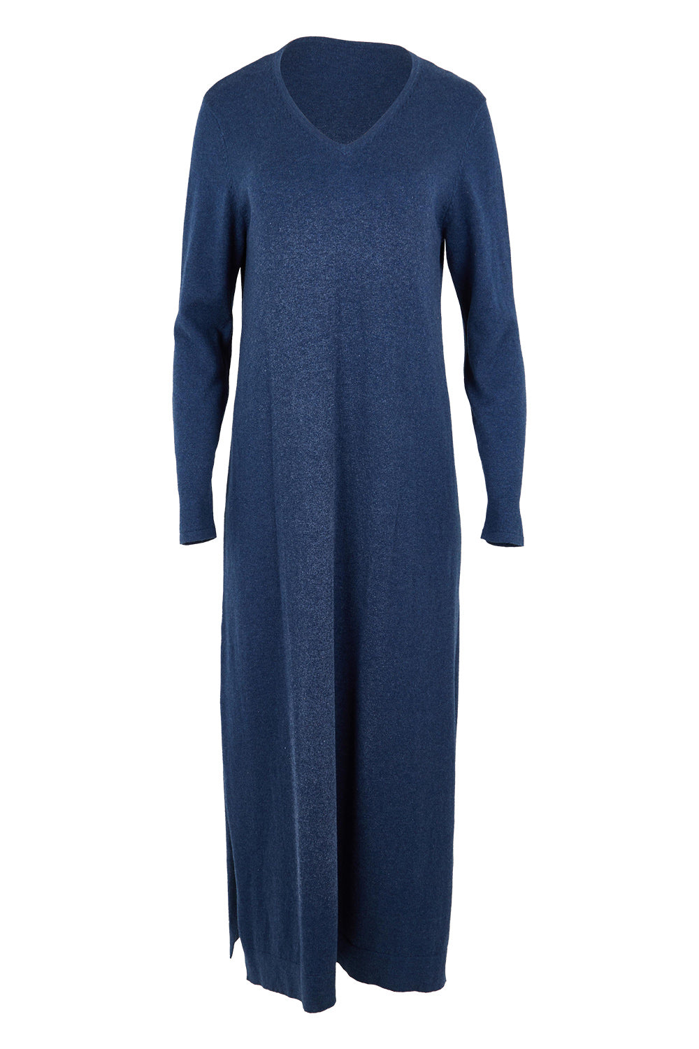 Product shot of the Cotton Cashmere Wool V Neck Knit Dress in colour Marlin (Blue), from the front