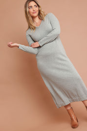 Model Chanel wearing size XL of the Cotton Cashmere Wool V Neck Knit Dress in colour Opalgrey (Grey), from the front, showing the whole outfit