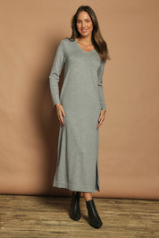 Model Madeline wearing size S of the Cotton Cashmere Wool V Neck Knit Dress in colour Opalgrey (Grey), from the front, showing the whole outfit