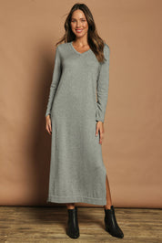 Model Madeline wearing size S of the Cotton Cashmere Wool V Neck Knit Dress in colour Opalgrey (Grey), from the front, showing the whole outfit