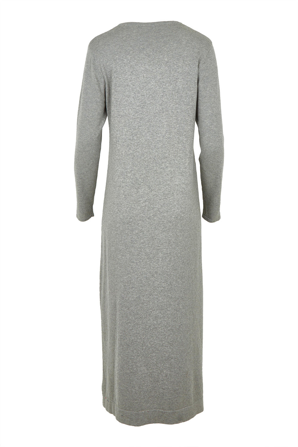 Product shot of the Cotton Cashmere Wool V Neck Knit Dress in colour Opalgrey (Grey), from the back