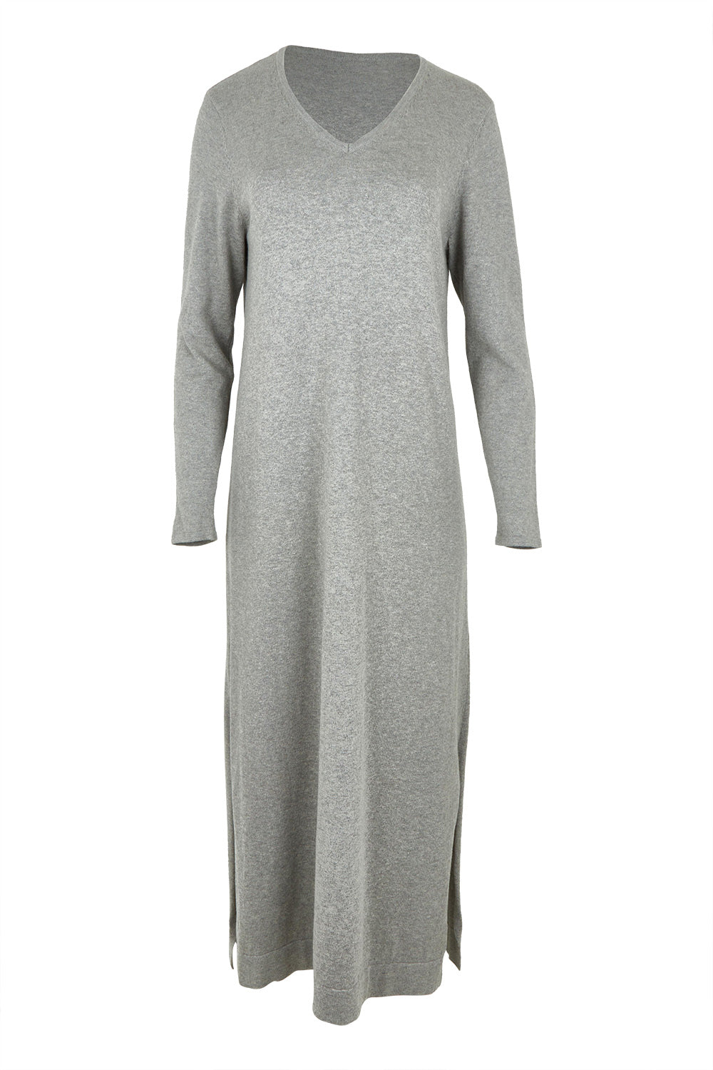 Product shot of the Cotton Cashmere Wool V Neck Knit Dress in colour Opalgrey (Grey), from the front