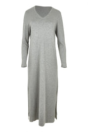 Product shot of the Cotton Cashmere Wool V Neck Knit Dress in colour Opalgrey (Grey), from the front