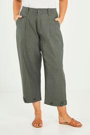 Model Terri-Leigh wearing size 14 of the Linen Cotton 7/8 Pant in colour Olive (Green), from the front, cropped image