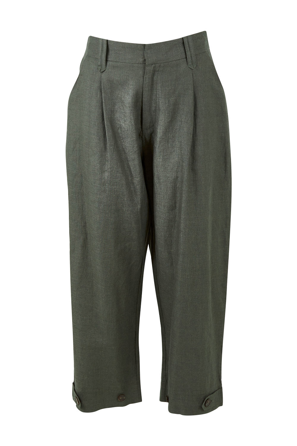 Product shot of the Linen Cotton 7/8 Pant in colour Olive (Green), from the front