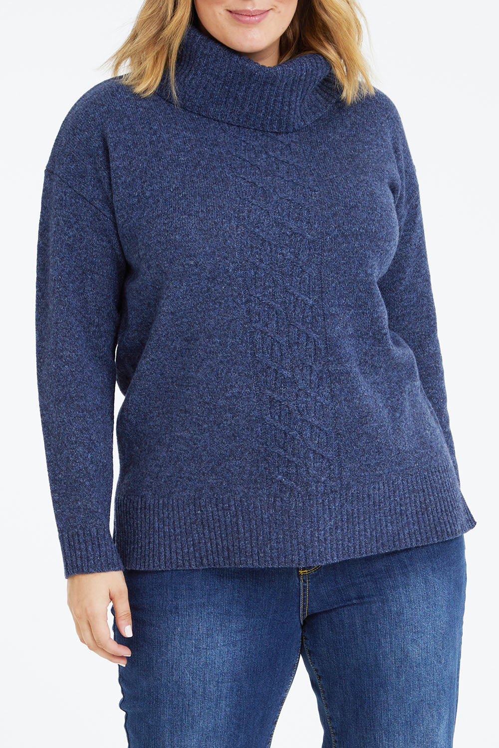 Model Jess wearing size L of the Wool Rolled Neck Jumper in colour Denim (Blue), from the front, cropped image