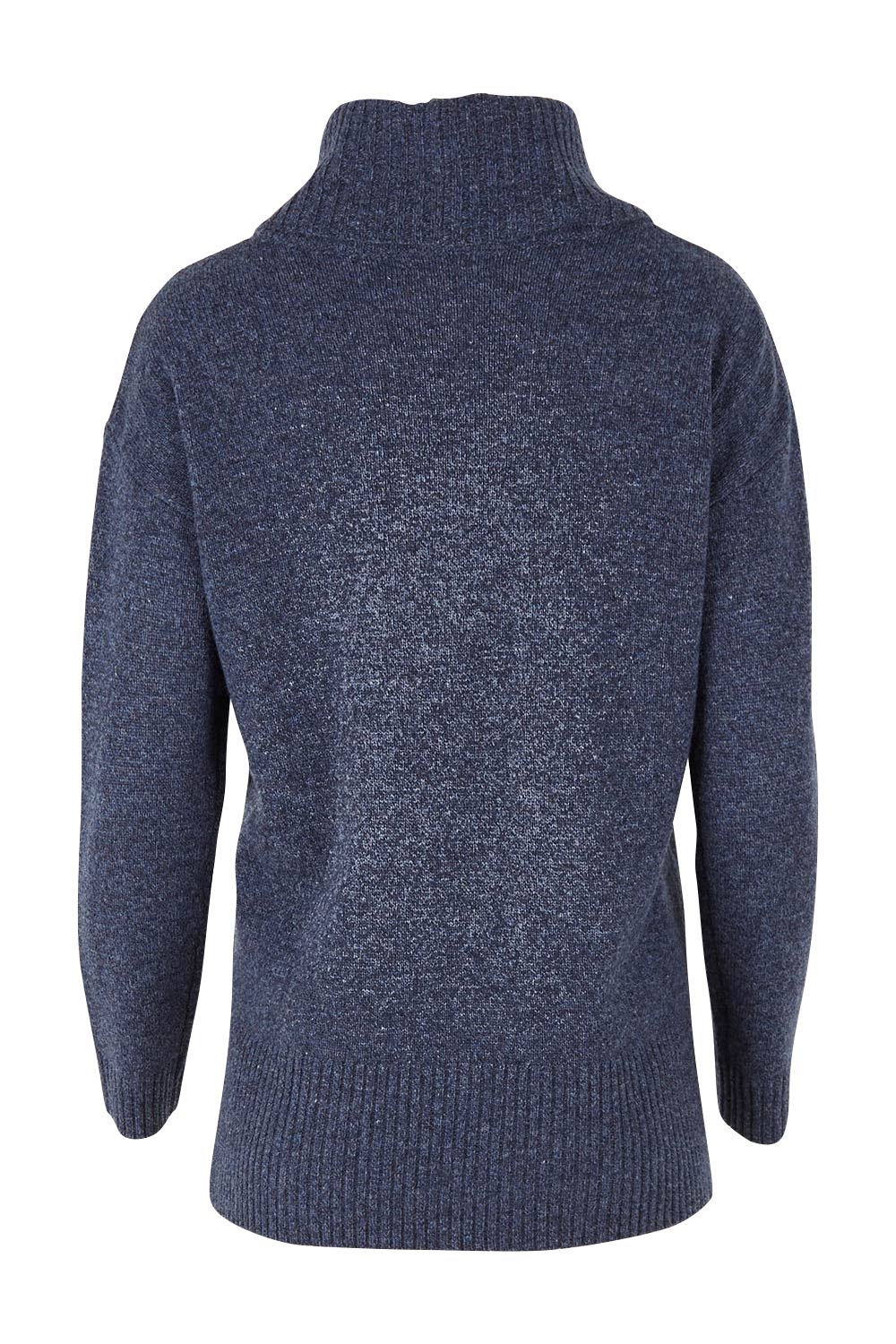 Product shot of the Wool Rolled Neck Jumper in colour Denim (Blue), from the back