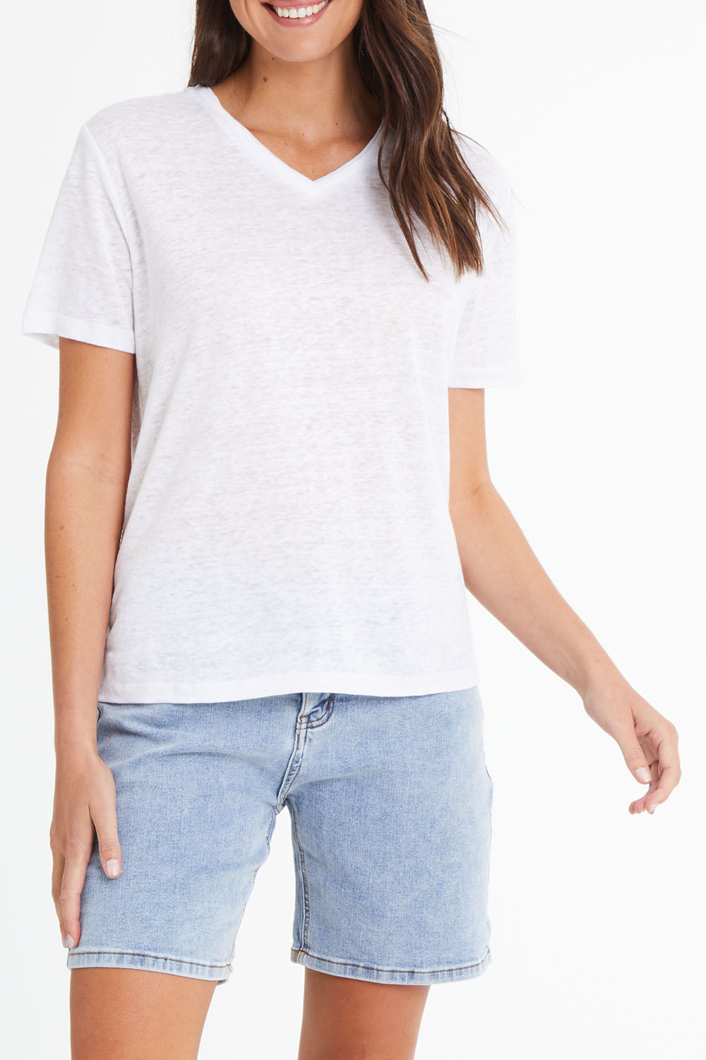 Model Madeline wearing size 10 of the Linen V Neck Top in colour White (White), from the front, cropped image