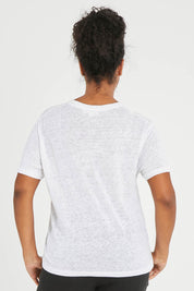 Model Noli wearing size 14 of the Linen V Neck Top in colour White (White), from the back