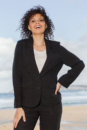 Model Lala wearing size 10 of the Linen Blazer in colour Black (Black), from the front, showing the whole outfit