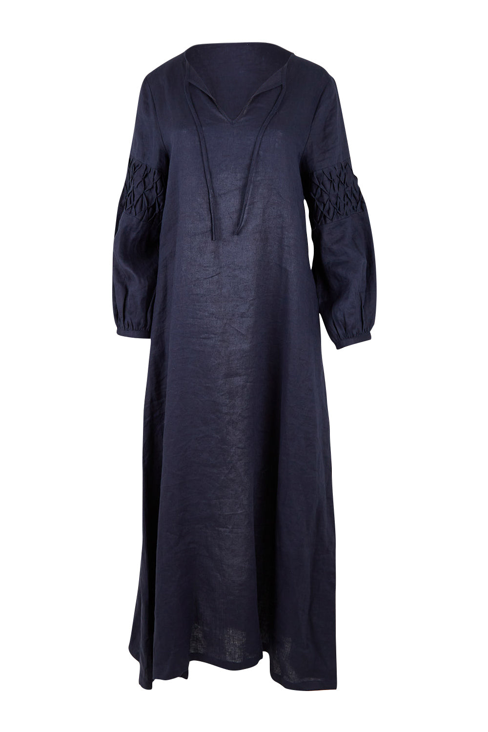 Product shot of the Linen Honeycomb Sleeve Dress in colour Navy (Blue), from the front