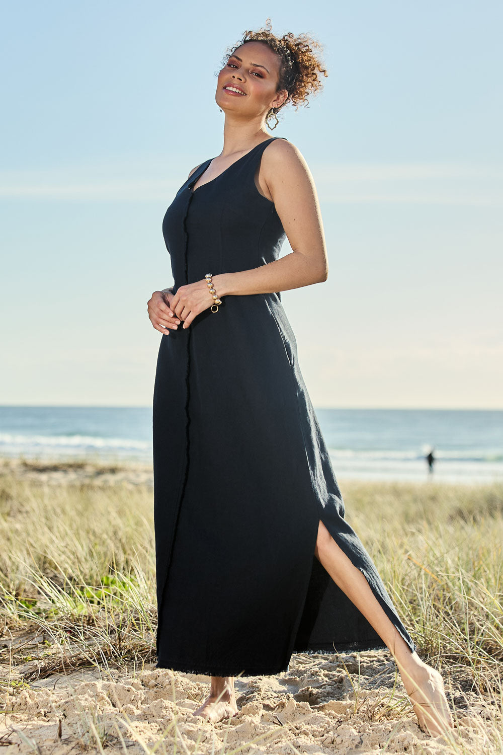 Model Lala wearing size 10 of the Linen Cotton Maxi Dress in colour Midnight (Blue), from the front, showing the whole outfit