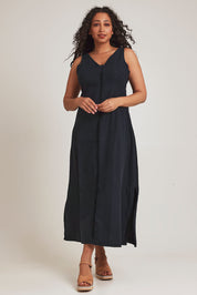 Model Terri-Leigh wearing size 14 of the Linen Cotton Maxi Dress in colour Midnight (Blue), from the front, showing the whole outfit